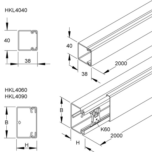 HKL-Elektroinstallationskanal 40x62x2000 mm mit Bodenlochung