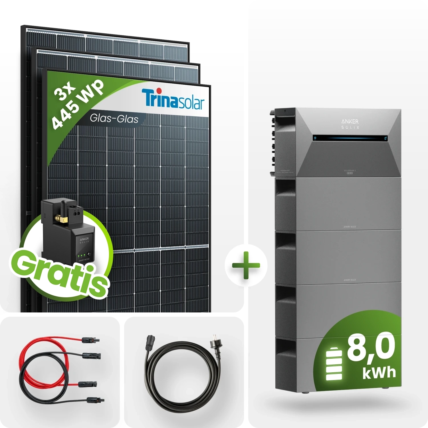 1335Wp Balkonkraftwerk 8kWh Speicher Anker Solarbank 2 –3x445Wp Trina Black Frame Monofazial